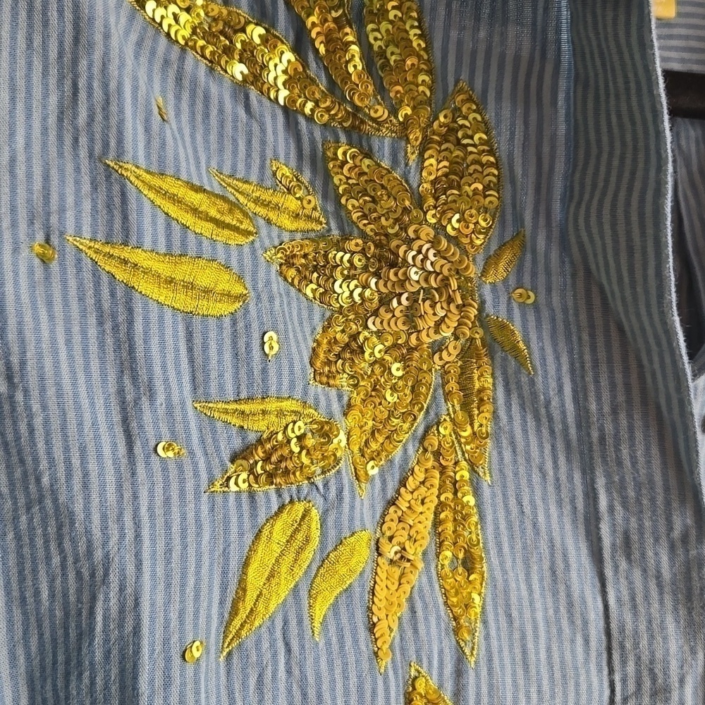 Anthropologie Maeve Gold Sequin Poplin Buttondown Blouse Blue Stripe-Size 2 - Picture 11 of 17
